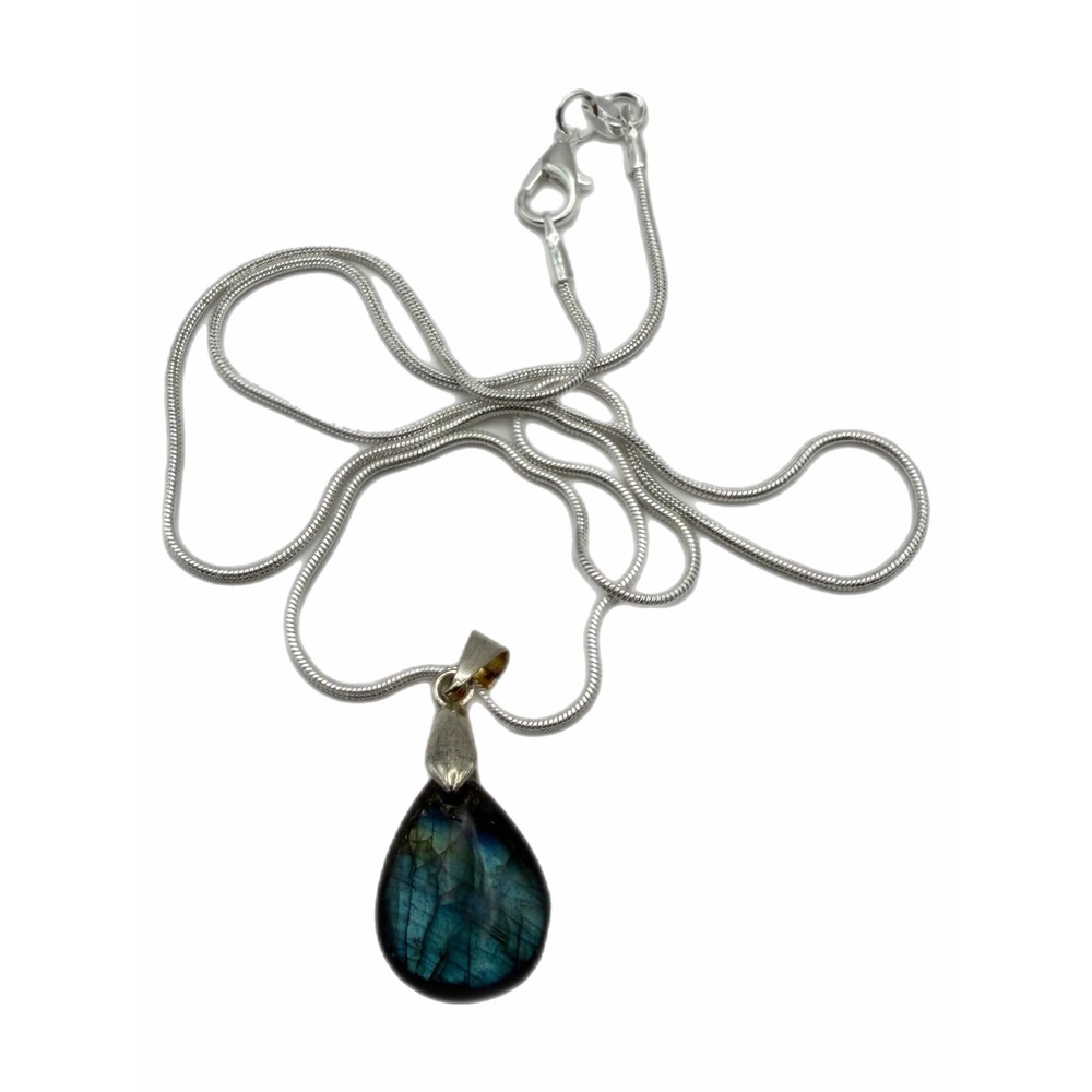 Labradorite Teardrop Pendant Necklace Silver Tone Snake Chain Blue Green Gem